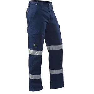 Construction Navy Blue 100% Cotton Reflective Tape Cargo Work Pants Trousers For Men