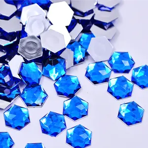 Berlian Buatan Akrilik Biru Batu Kristal Pipih Segi Enam 12Mm Mewah untuk Pakaian Kerajinan Perhiasan