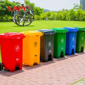 أعلى الشركات المصنعة 120 لتر القمامة البلاستيكية دواسة حاوية القمامة النفايات بن الغبار مركبة التفريغ مع عجلات