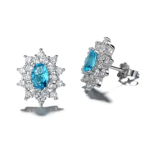 独特的设计创造了蓝色蓝宝石耳钉925纯银高级珠宝声明耳环