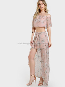Impresión floral del hombro cosecha y pantalones cortos a juego conjunto fabricación al por mayor moda mujeres ropa (TA4108SS) - Product Image 3