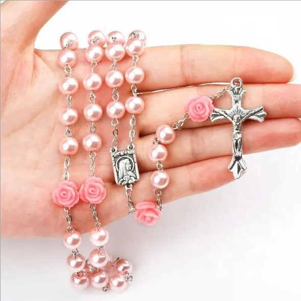 Collier de <span class=keywords><strong>chapelet</strong></span> religieux catholique, collier avec pendentif en perle de verre avec croix, vente en gros, 7 pièces