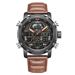 NAVIFORCE-reloj digital de lujo para hombre, pulsera deportiva de cuero genuino, 9160