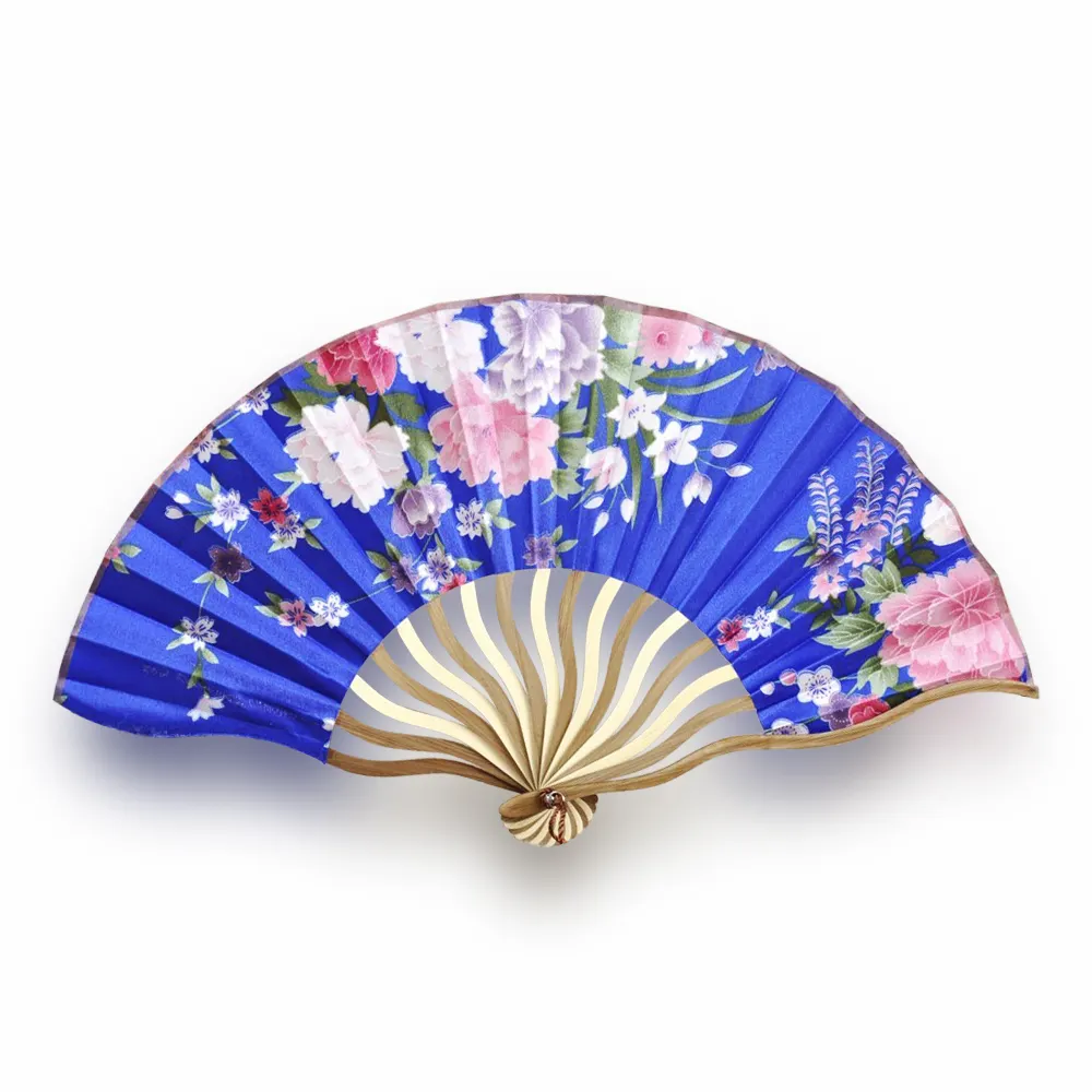 Bloemen Print Curve Bamboe Handvat Gevouwen Hand Fan Blauw Roze