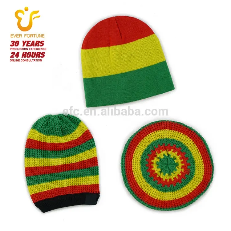 Unisex Fashion Jamaican Reggae Cap Rasta Hut Gestrickte Manschette Mütze Regenbogen Custom Toque Custom Hüte Winter Warm Jamaica Stripe