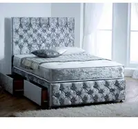 Divan Tempat Tidur 4ft6 (Dobel) dengan 54 "Headboard Desainer dengan Laci Dobel 4'6 Tempat Tidur Beludru Penghancur Perak Es