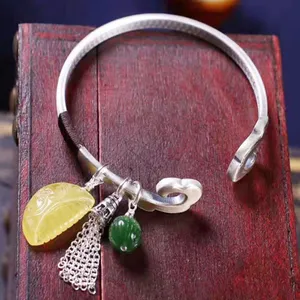 Tibetischen silber armband 999 sterling feine silber zufriedenheit armreif für frauen mit bernstein/jade