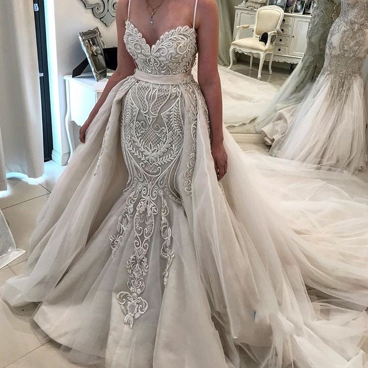 Real Rhinestone Pearl V Neck Sexy Mermaid Wedding Dresses