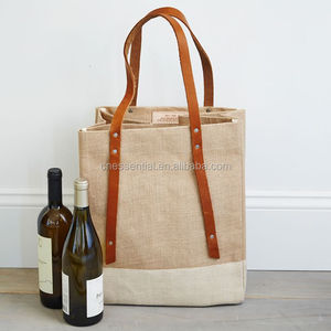 Natural color cheap price jute wine beer bottle tote bag leather handle