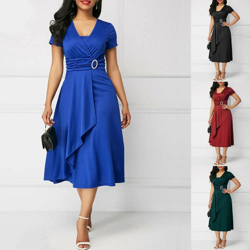 Women High Waist Plain Asymmetric Midi Dress Fashion Summer Solid Casual Short Sleeve V-Neck Dress Sundress Plus Size