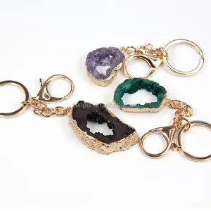 Porte-clés personnalisé en cristal quartz, fait à la main, pendentif géode, druse, pierres à rouler