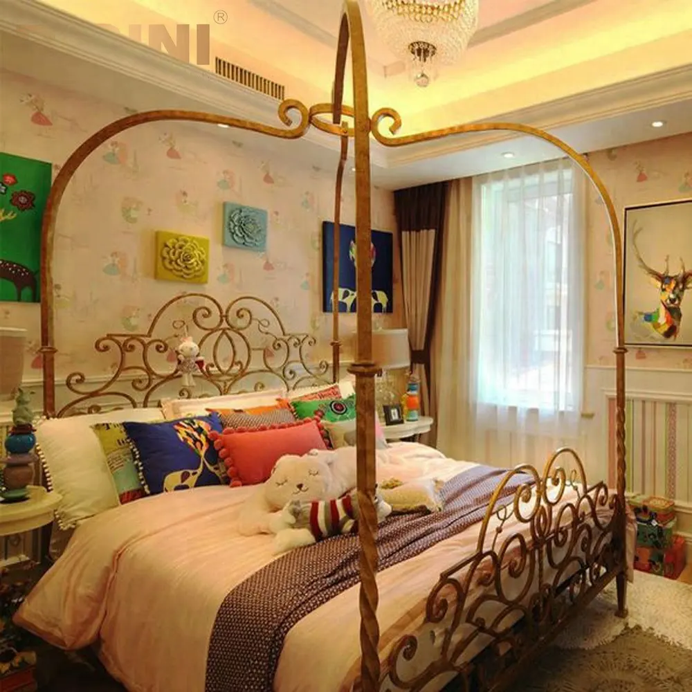 Muebles de dormitorio de hierro de lujo Bisini/corona de cama de princesa de alta calidad para niños cama individual de hierro forjado-BF07-70236
