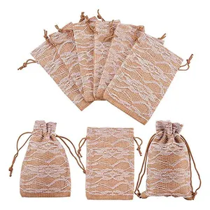 Wholesale custom Natural Small Gift Drawstring Jute Burlap Bags With lace
