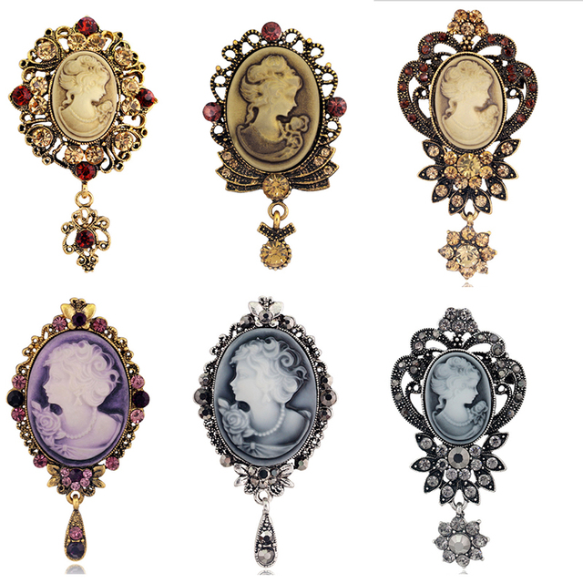Antique Gold Vintage Lady Queen Cameo Brooch Pins Rhinestone Enamel Jewelry Brooches for Children Parties Weddings Engagements