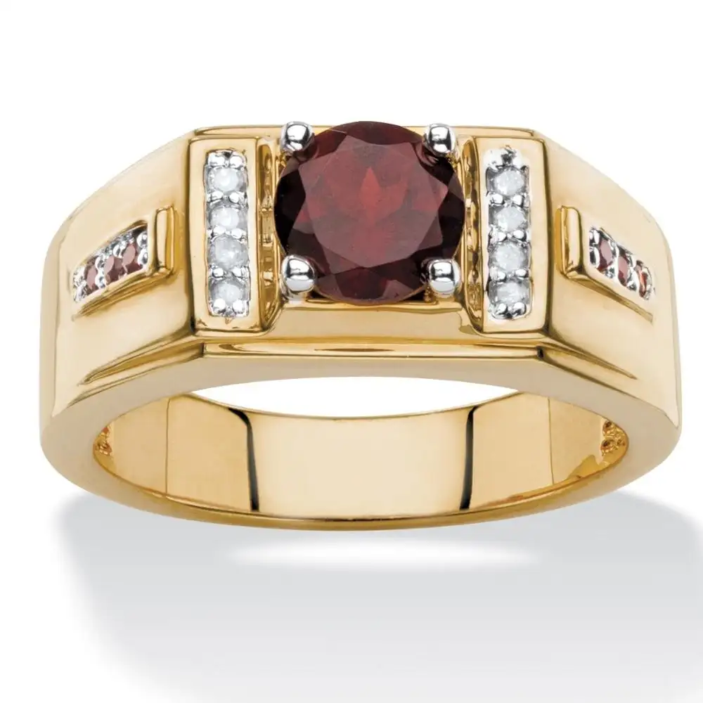Genuine Red Garnet and Diamond Accent Classic Ring 14k Yellow Gold Plated Silver Men's Wedding Rings