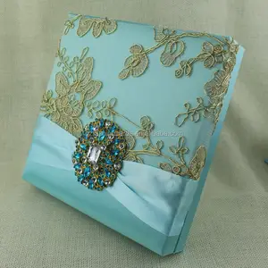 Green Blue Luxury Royal Silk Box Wedding Invitations Wholesale