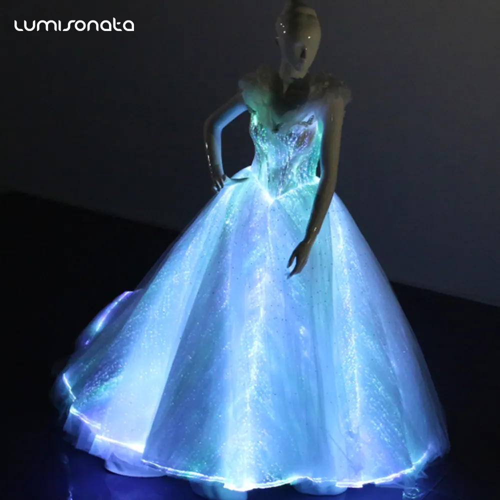 Desain Kustom Lampu Serat Optik Perempuan Gaun Pernikahan Bercahaya Led Menyala Dalam Gelap