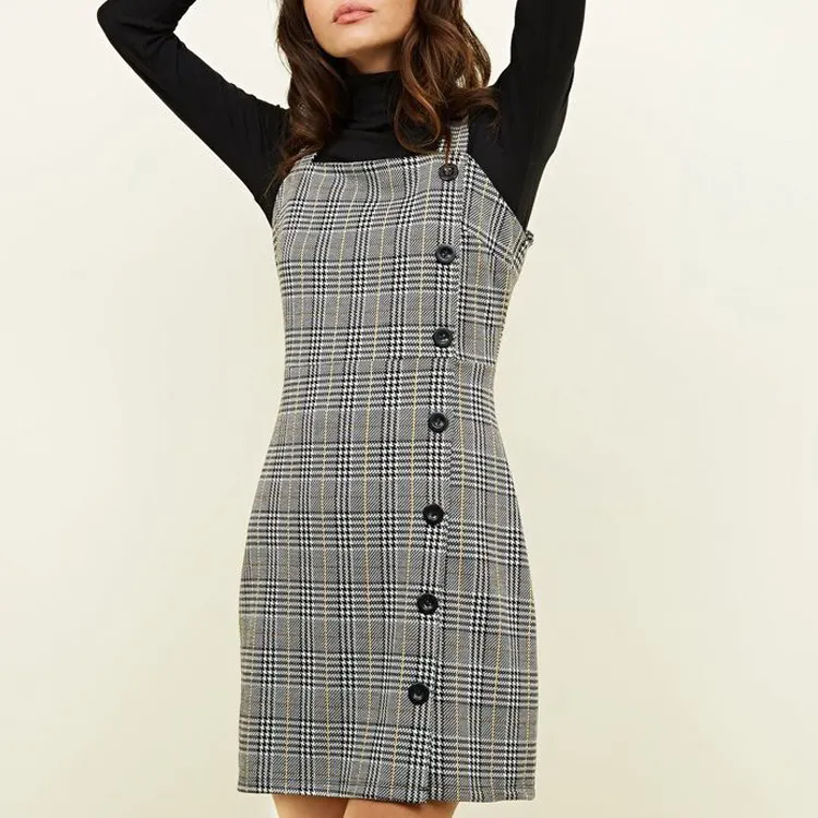 2018 korean Casual fashion Houndstooth Check Button Side women Pinafore Dress