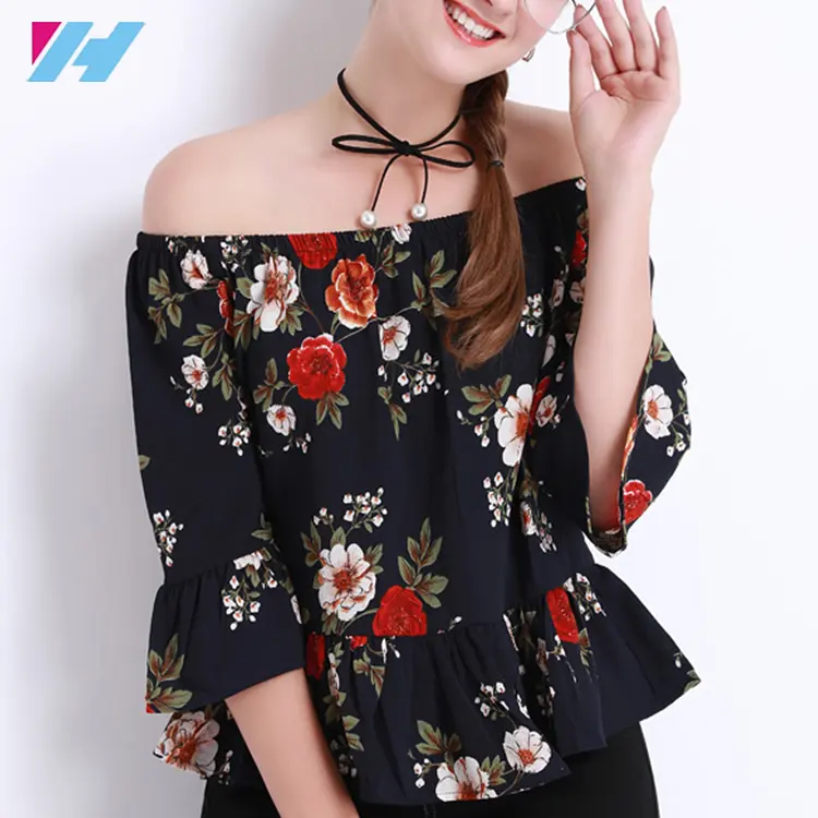 Blusa de chifón con hombros descubiertos para verano, camisa con volantes para mujer, con estampado Floral