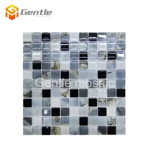 New arrival background mosaic wall tiles 3D inkjet blue mix black 6mm square glass mosaic tile