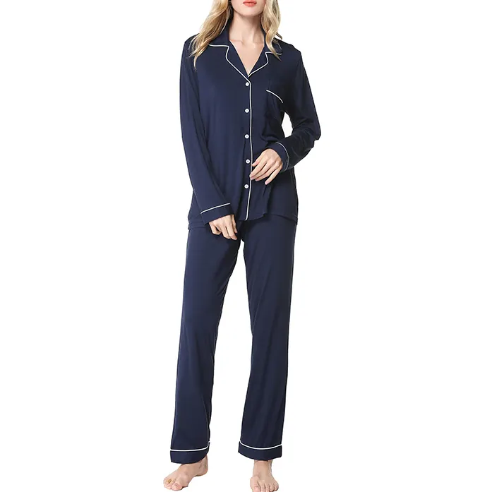 Wholesale Pajamas Set Long Sleeve Womens Button Down Sleepwear Two Piece Nightwear Soft Pj Lounge Sets