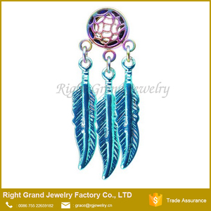 De acero inoxidable de la pluma cuelgan dreamcatcher tapones de oído del túnel - Product Image 6