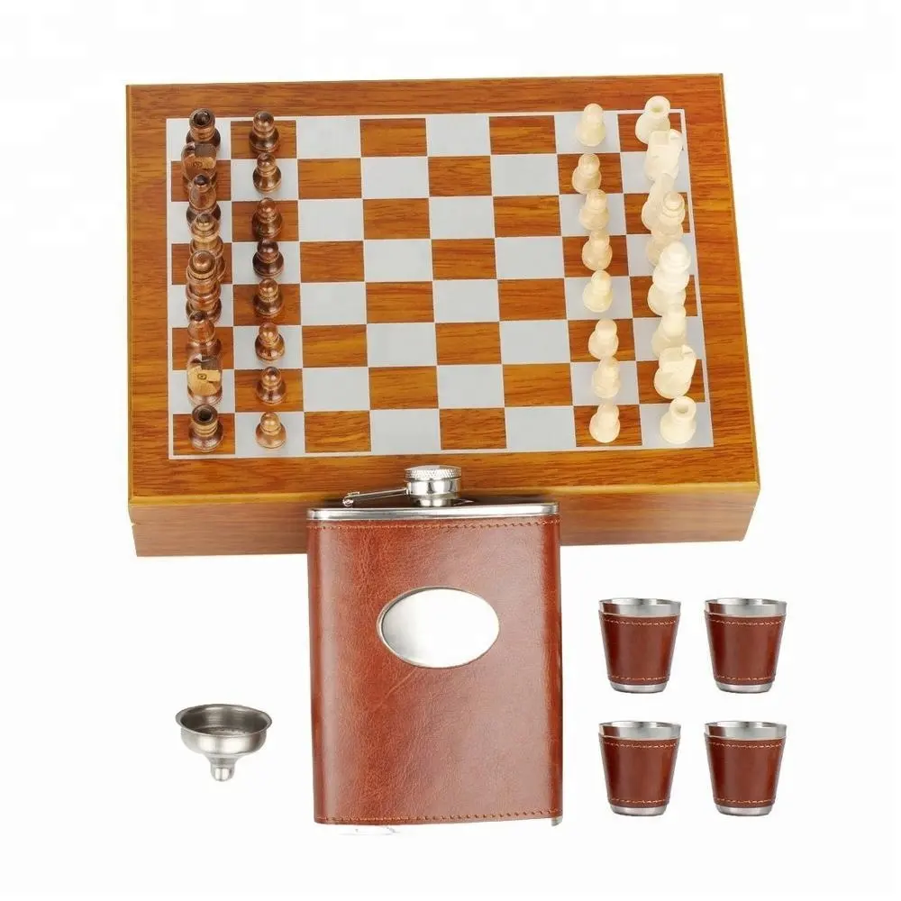 Wooden Chess Gift Box 8OZ Brown Leather Stainless Steel Hip Flask Set With Funnel and 4 Cups