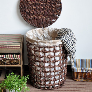 Cesti per Biancheria Sporca Rotondi Intrecciati Marroni Unici <span class=keywords><strong>con</strong></span> <span class=keywords><strong>Coperchio</strong></span> per Hotel / Casa - Product Image 5