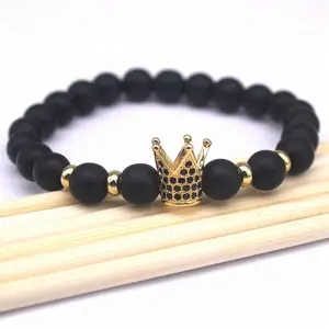 Factory Wholesale Hot Sale Bead bracelets Crown Matt Black Agate Energy Stone Classic Bangles for Men Womens DIY Customization