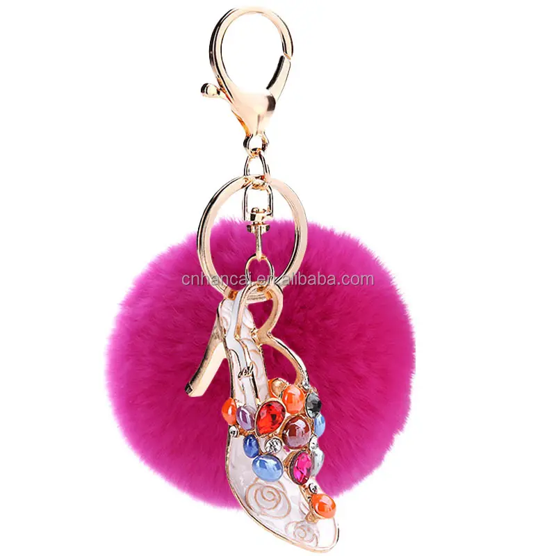 Mode Kristal Hoge hak schoen Pompom Sleutelhanger Auto Vrouwen handtas Pom pom Sleutelhanger Ring Pluizige Bladerdeeg Bal Sleutelhangers Sieraden