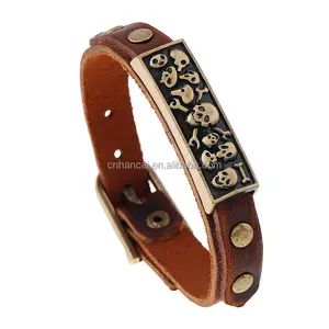 New Punk Skeleton Skull Genuine Leather Bracelets Vintage Buckle Rivet Survival Bracelet& Bangle Women Men Jewelry Gift