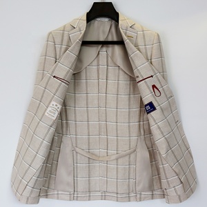Blazer da <span class=keywords><strong>Uomo</strong></span> Elegante <span class=keywords><strong>Beige</strong></span> Monopetto Taglie Forti Vestibilità Slim Mezza Fodera a Quadri 100% Lana per Abiti Estivi - Product Image 1