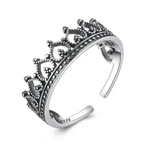 Czcity Valentijn Cadeaus Trendy 925 Sterling Zilveren Open Ringen Vrouwelijke Romantische Hart Kroon Ontwerp Vintage Ring