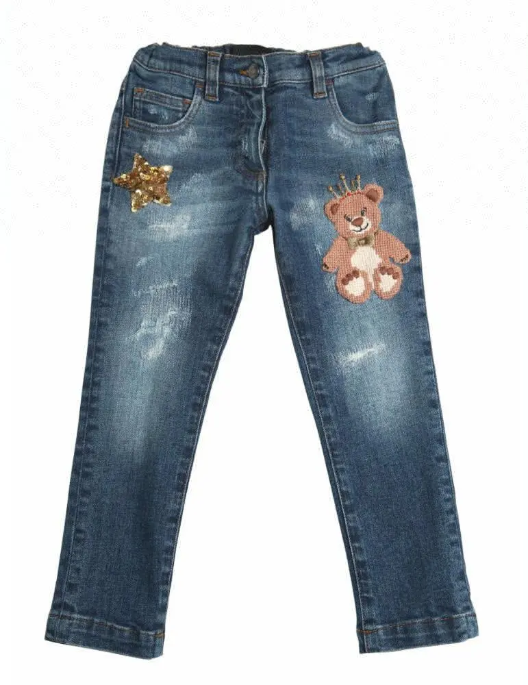 Royal wolf denim jeans fabricante azul oscuro vintage ripped bordado hecho a mano pantalones con lentejuelas para niños