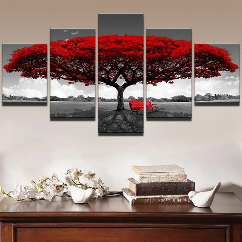 Cheapest Large Home Decor Modern Red Tree Flower HD 5-Panel Wall Art Canvas Prints
