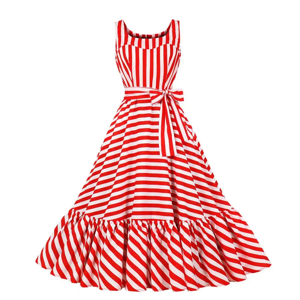Çin giyim üreticileri toptan kırmızı ve beyaz çizgili baskılı kadın one piece A-line orta buzağı uzunluğu rahat elbise