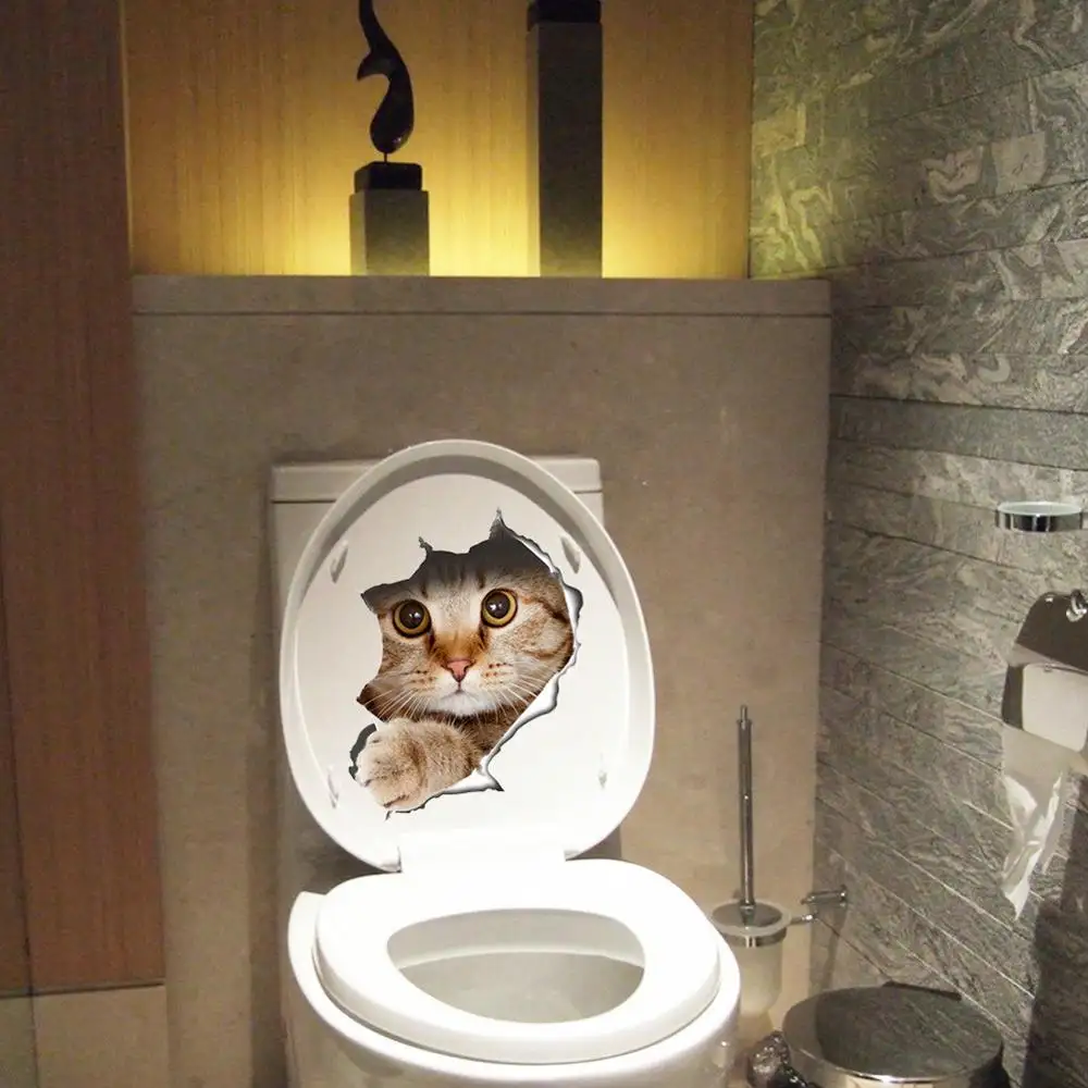 Cats 3D Wall Sticker Toilet Stickers Hole View Vivid Dogs Bathroom Home Decoration Animal Vinyl Decals Art Sticker Wall Poster