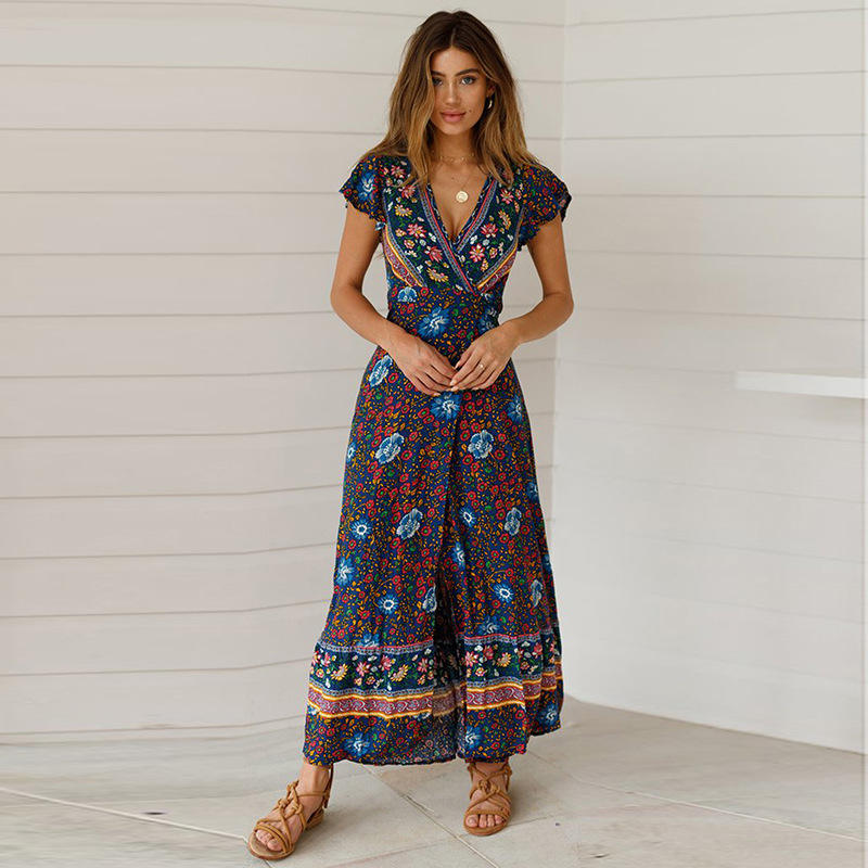 Klv — longue robe portefeuille avec imprimé Floral pour femmes, vêtement de  plage style Boho, à manches courtes, avec ceinture fendue et col en v,