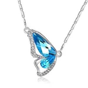 Ожерелье с синей бабочкой и асимметричным кристаллом, ювелирные изделия для женщин, подарки для мам, женский кулон 3*2,1 см, восемь цветов на выбор