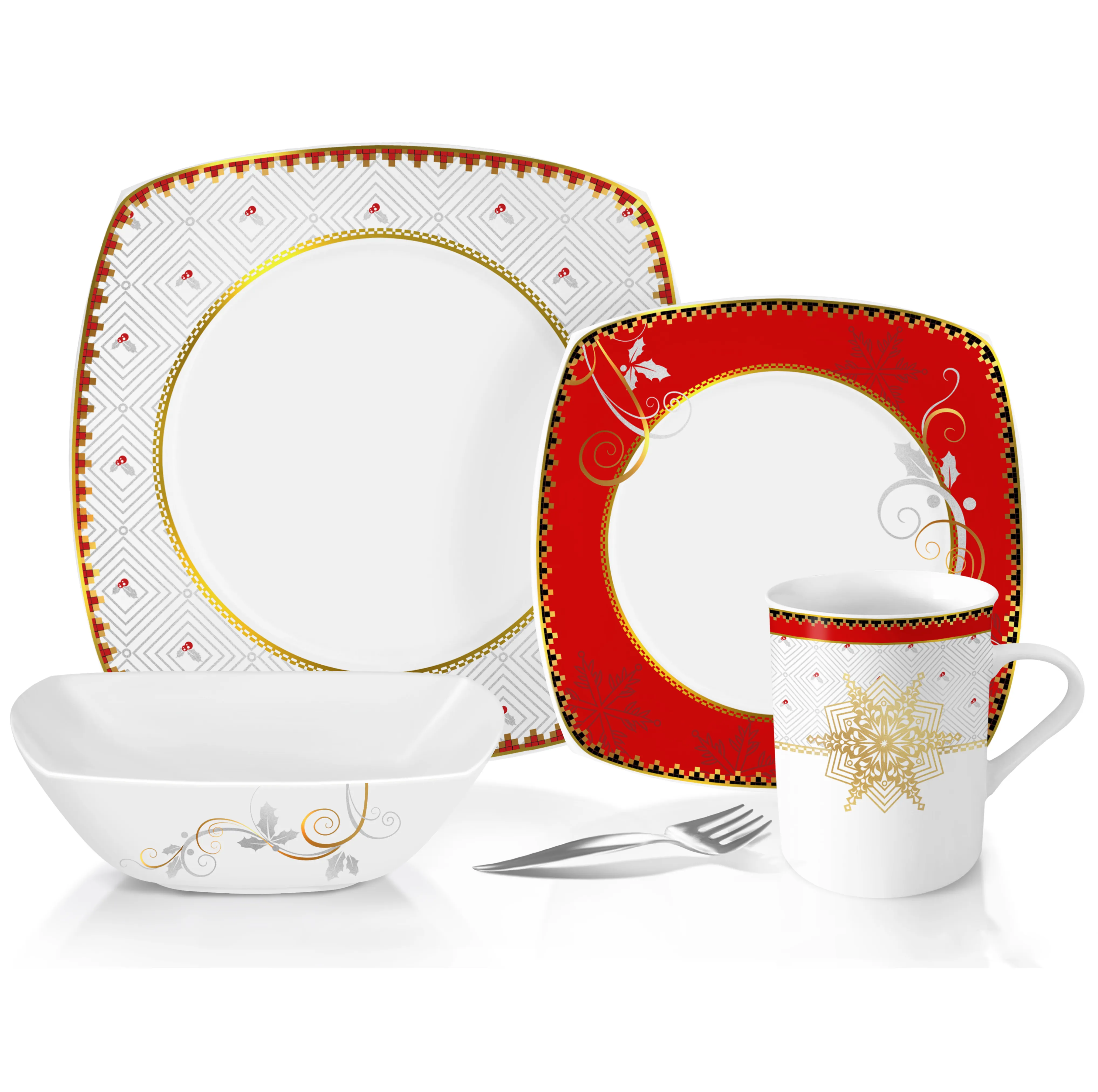 Хорошее качество, квадратная Фарфоровая столовая посуда, рождественские тарелки, обеденный набор с чашами и кружками