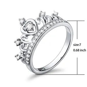 925 Sterling Silver Princess Heart Crown Tiara CZ Band Elegant Ring