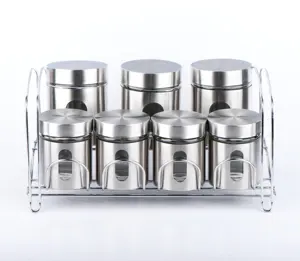 CP227 7pcs glass canister set for candy with stainless steel casing and metal stand