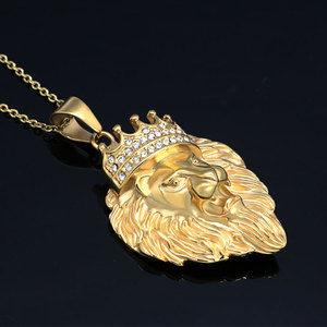 Marlary Hip Hop Style Cristal Strass En Acier Inoxydable 18K Plaqué Or <span class=keywords><strong>Roi</strong></span> Couronne Pendentif Tête de <span class=keywords><strong>Lion</strong></span> - Product Image 2