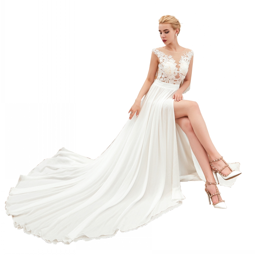 Ruolai 23347 Chiffon Lace a-Line Beach Wedding Dress with Slit