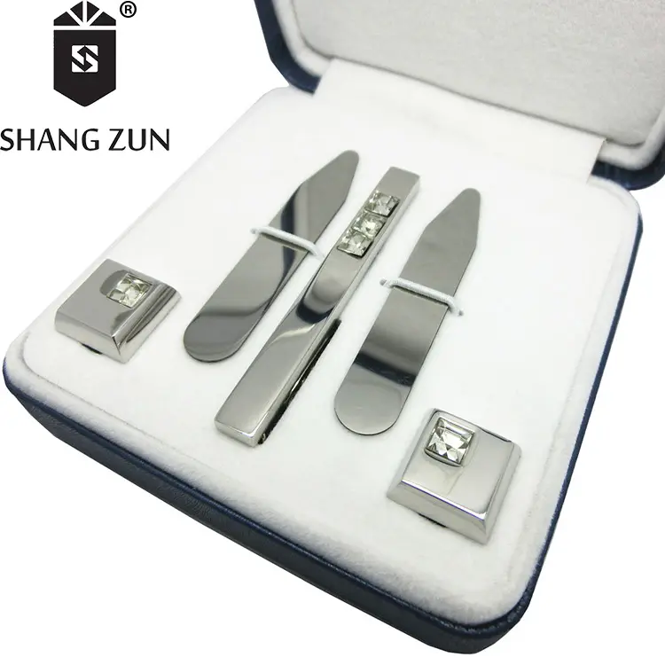 Silver collar stays suit tie clips pin sets cuff link jewelry men gift silver cufflink