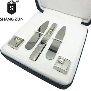 Silver collar stays suit tie clips pin sets cuff link jewelry men gift silver cufflink