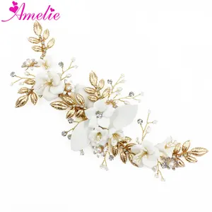 Porcelain Flower Charm with Mat Gold Leaf Decoration Handmade Carnival Headpieces Bridal Hairclips