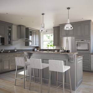 L شكل المطبخ مع تخطيط الجزيرة أفكار المطبخ الحديث المطبخ الرمادي - Product Image 3