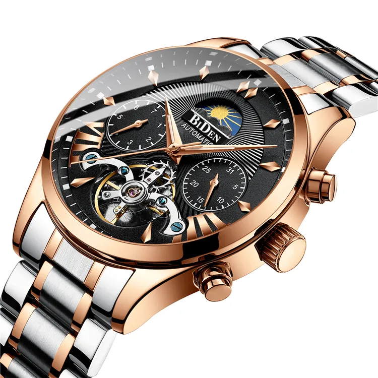 BIDEN 0189 ब्रांड पुरुषों घड़ियाँ स्टेनलेस स्टील पूरी तरह से स्वचालित यांत्रिक बहुक्रिया Tourbillon मैन wristwatches