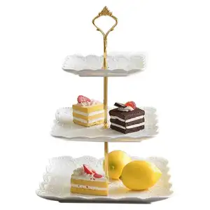 European style wedding decoration ceramic 3 tier cake plate with stand with handle